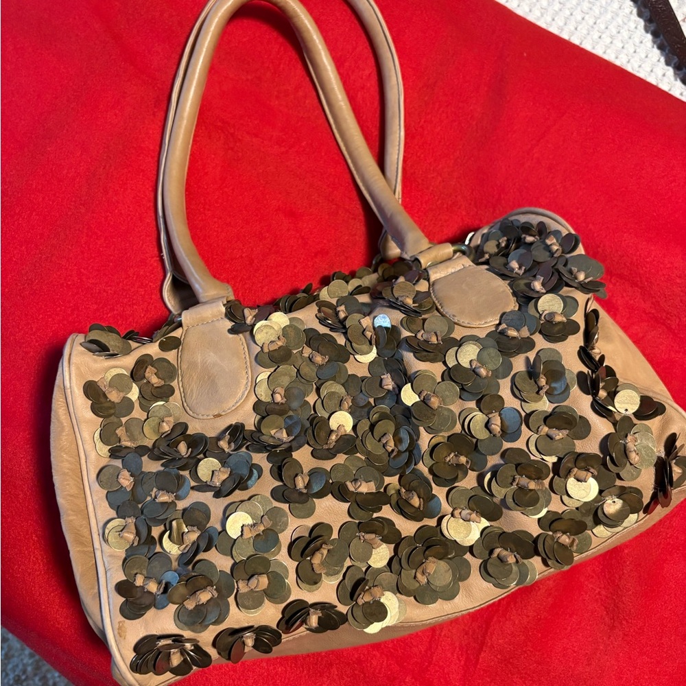 Anthropologie Tan and Gold Sequin Satchel